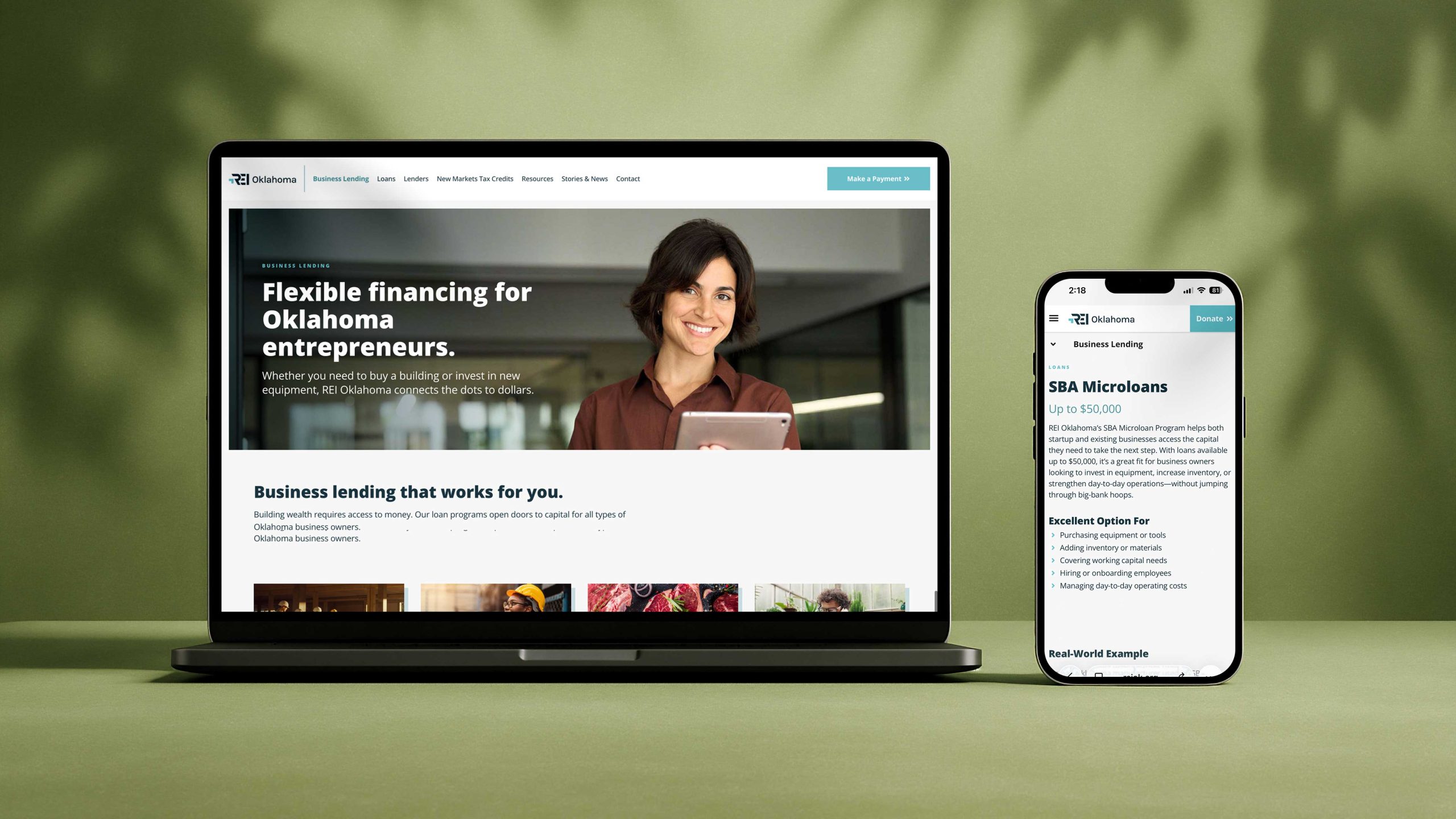 Website landing page for REI Oklahoma's Business Lending program, featuring a clear navigation based on the user's intent.