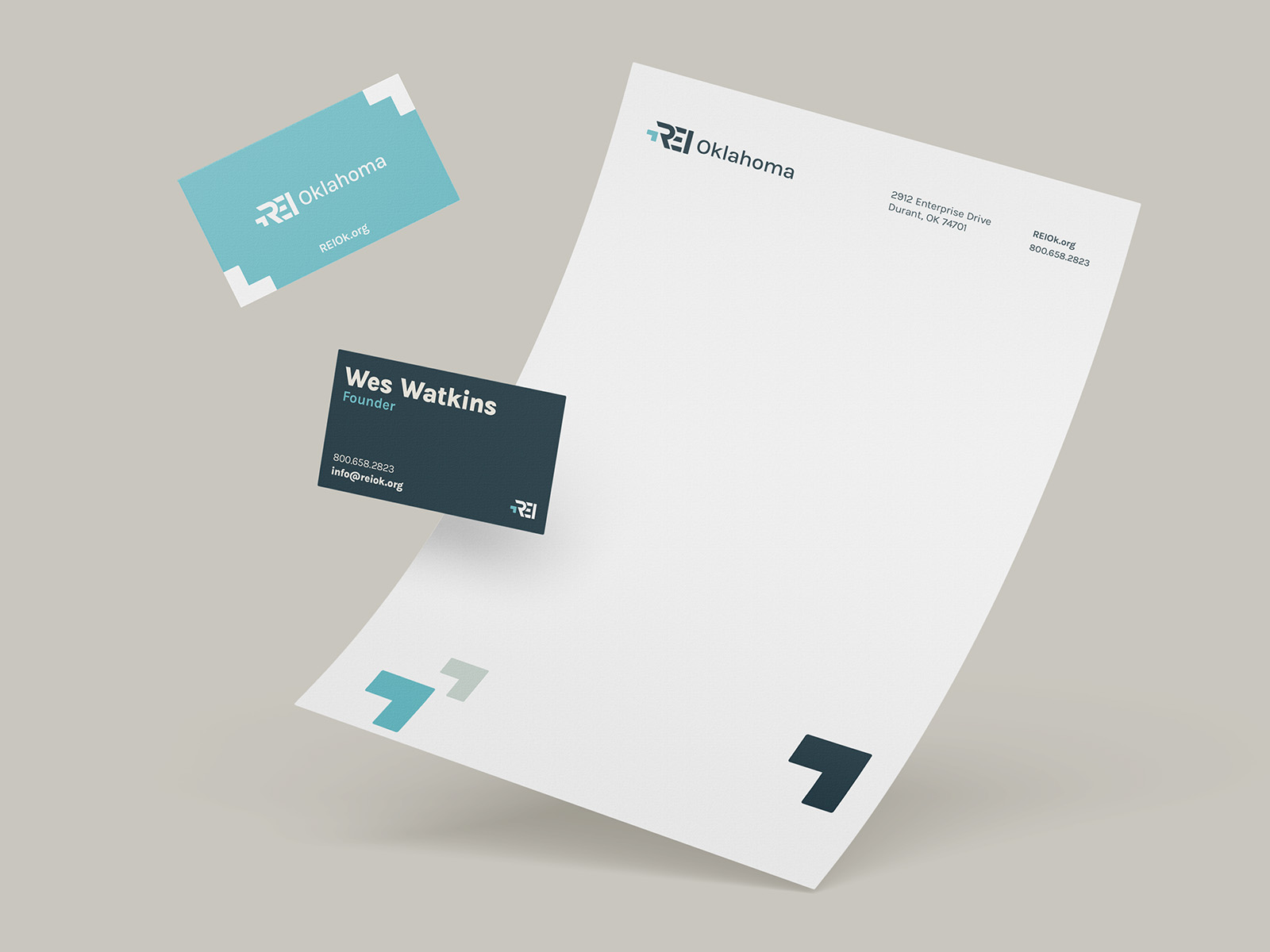 An example of basic print collateral for the REI Oklahoma visual identity and brand strategy. The color scheme is rooted in the original brand color, since color plays such a major psychological role in branding.